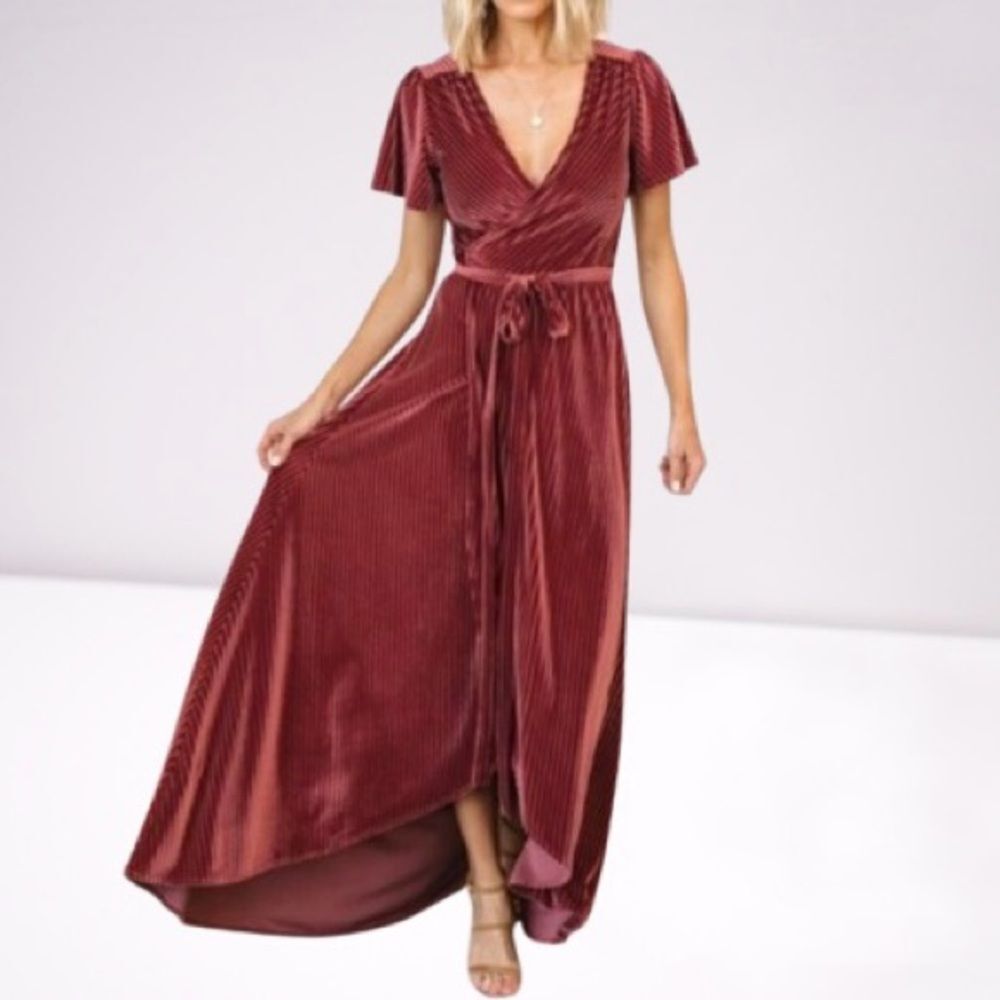 Baltic Born Andi Ribbed Velvet Wrap Dress Maxi Midi Dark Rose SZ S